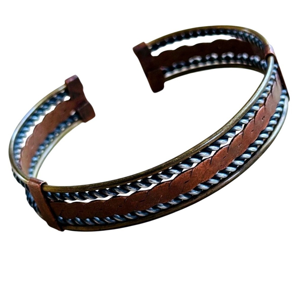 VTG Braided Brass Copper Silver Cuff Bracelet Statement Mod Boho Retro 70s MCM